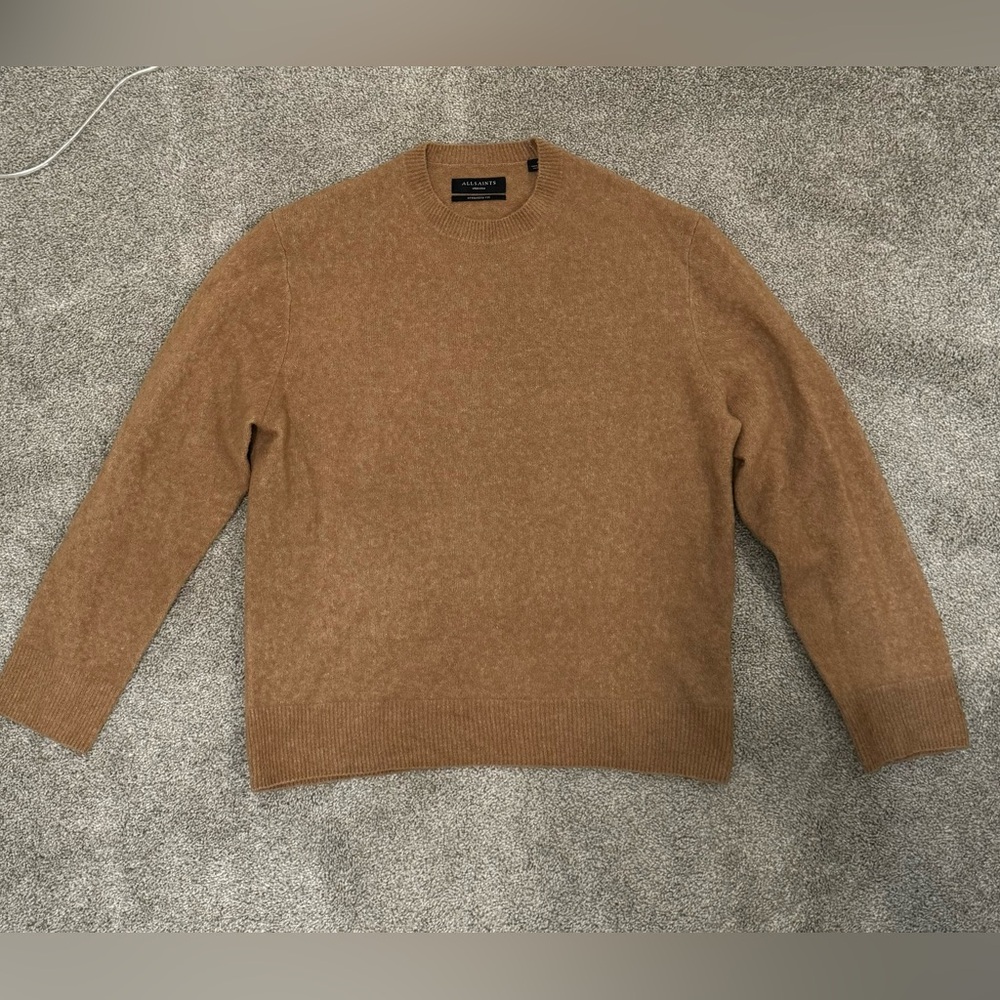 All Saints Wool Blend Crew Neck Sweater, Medium, Camel Brown